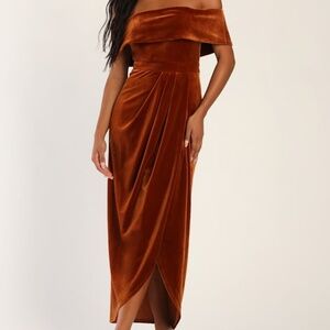 Lulus I'm Enchanted Rust Orange Velvet Off-the-shoulder Maxi Dress - Size XS